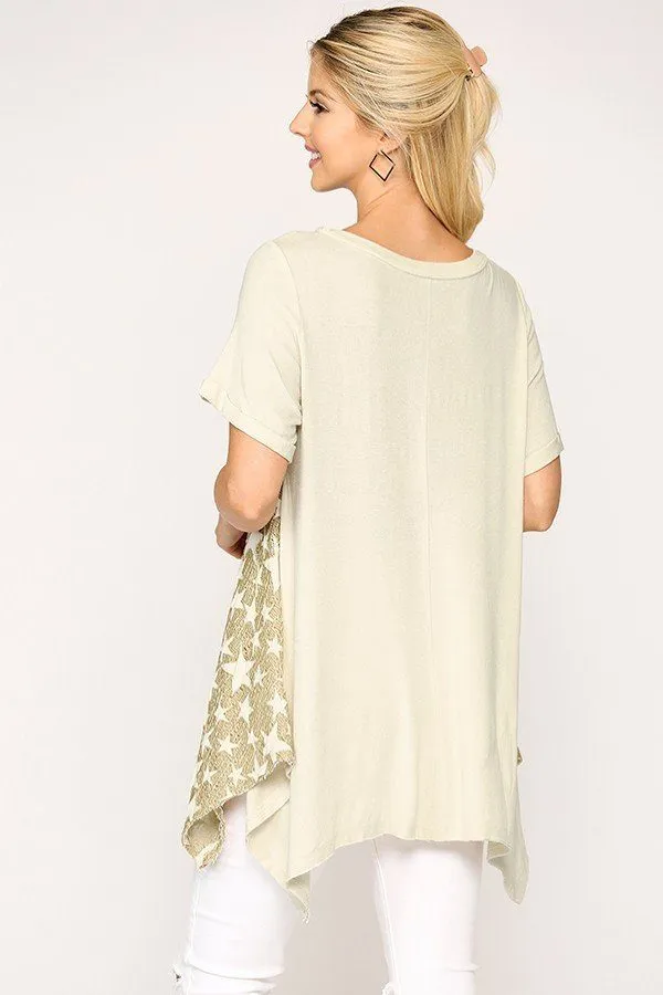 Star Textured Knit Mixed Tunic Top With Shark Bite Hem