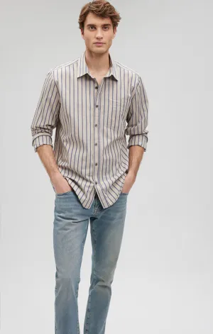 STRIPED BUTTON-UP LONG SLEEVE SHIRT IN BLUE INDIGO