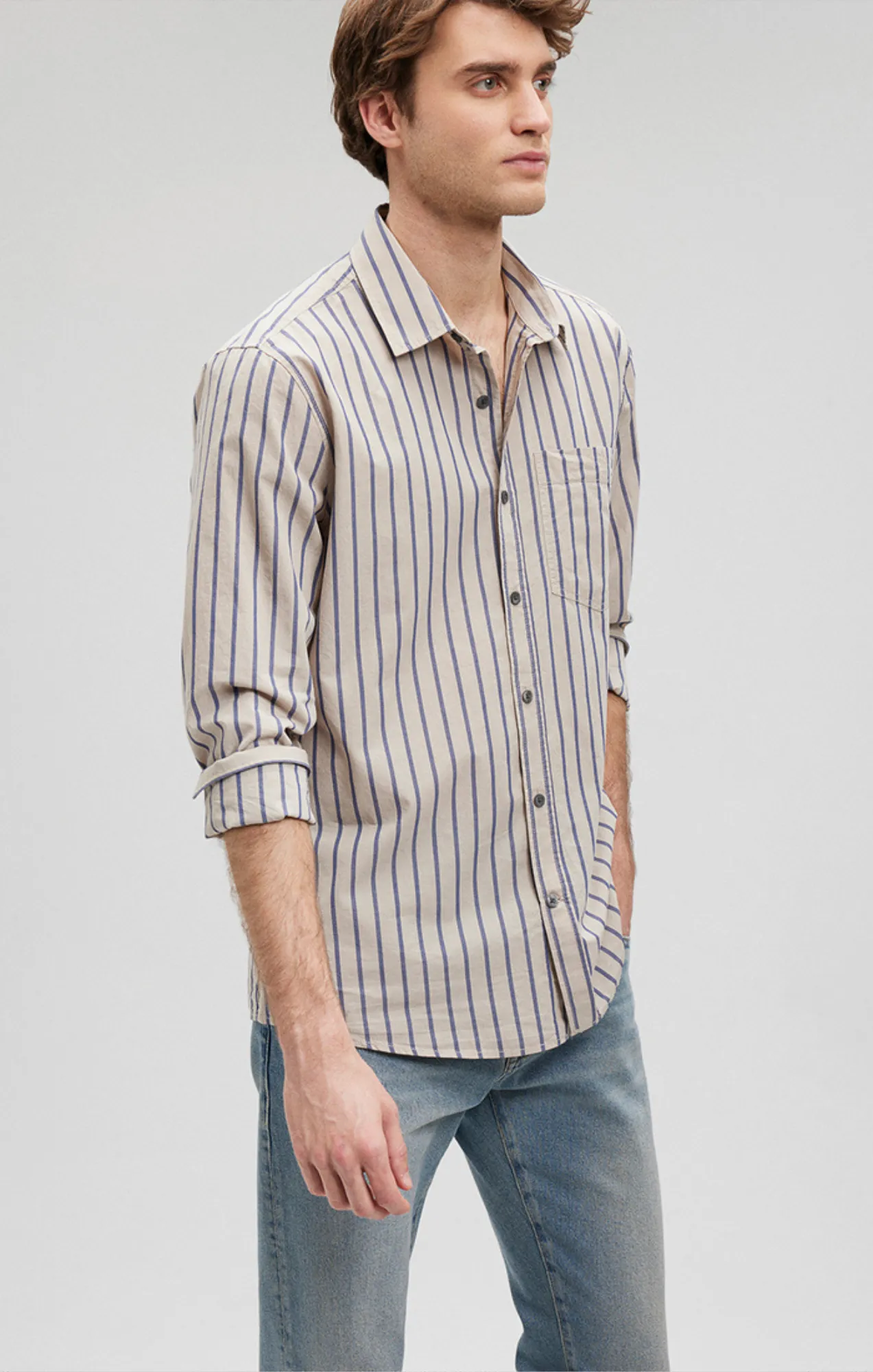 STRIPED BUTTON-UP LONG SLEEVE SHIRT IN BLUE INDIGO