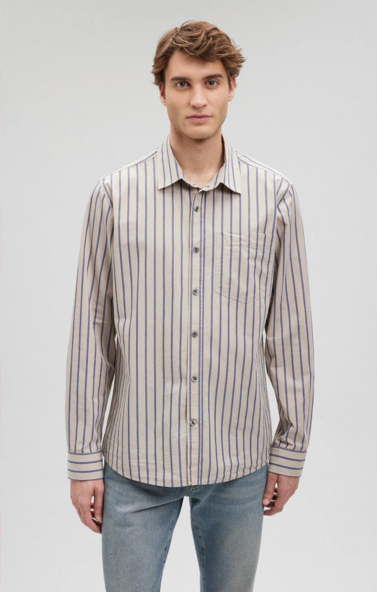 STRIPED BUTTON-UP LONG SLEEVE SHIRT IN BLUE INDIGO