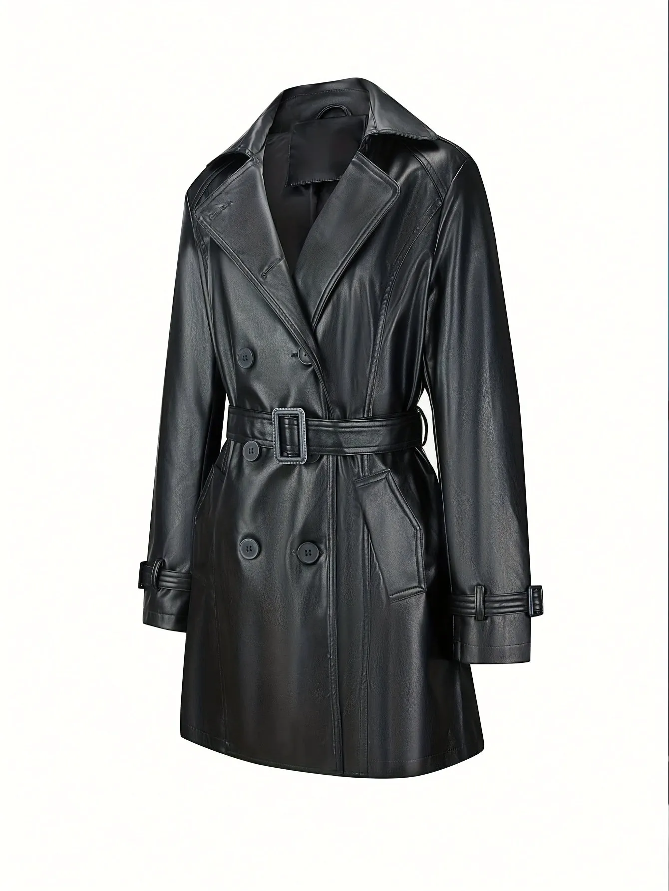 Stylish Belted Faux Leather Trench Coat with Vintage Long Sleeve Design for Women | Perfect for Casual Days