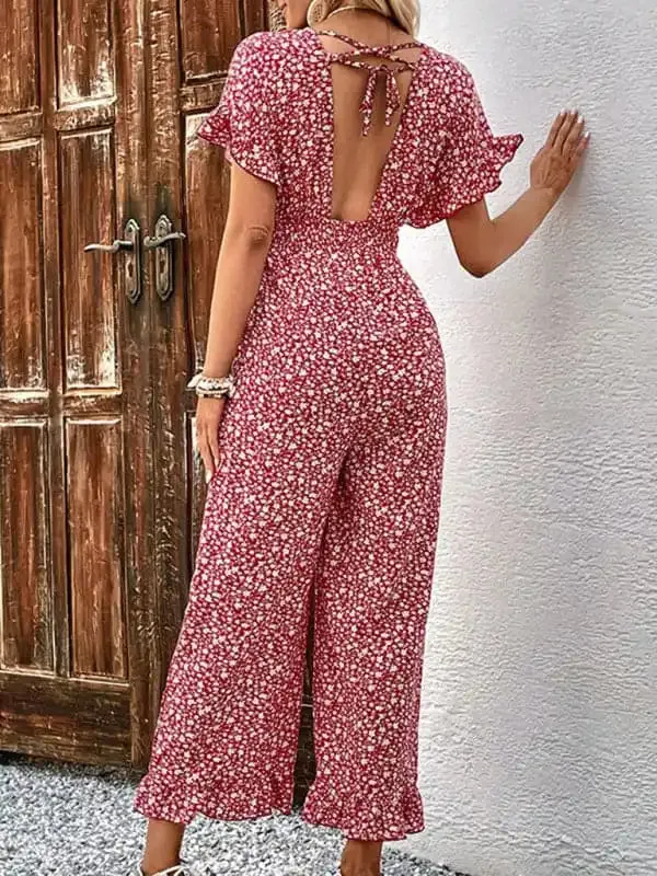 Summer women’s fashion red printed European and American jumpsuit