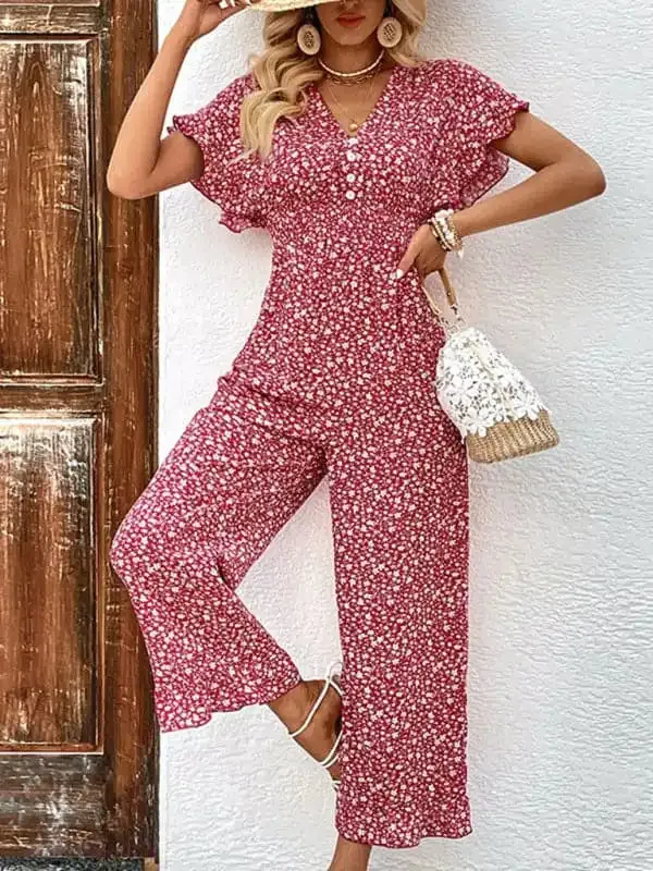 Summer women’s fashion red printed European and American jumpsuit