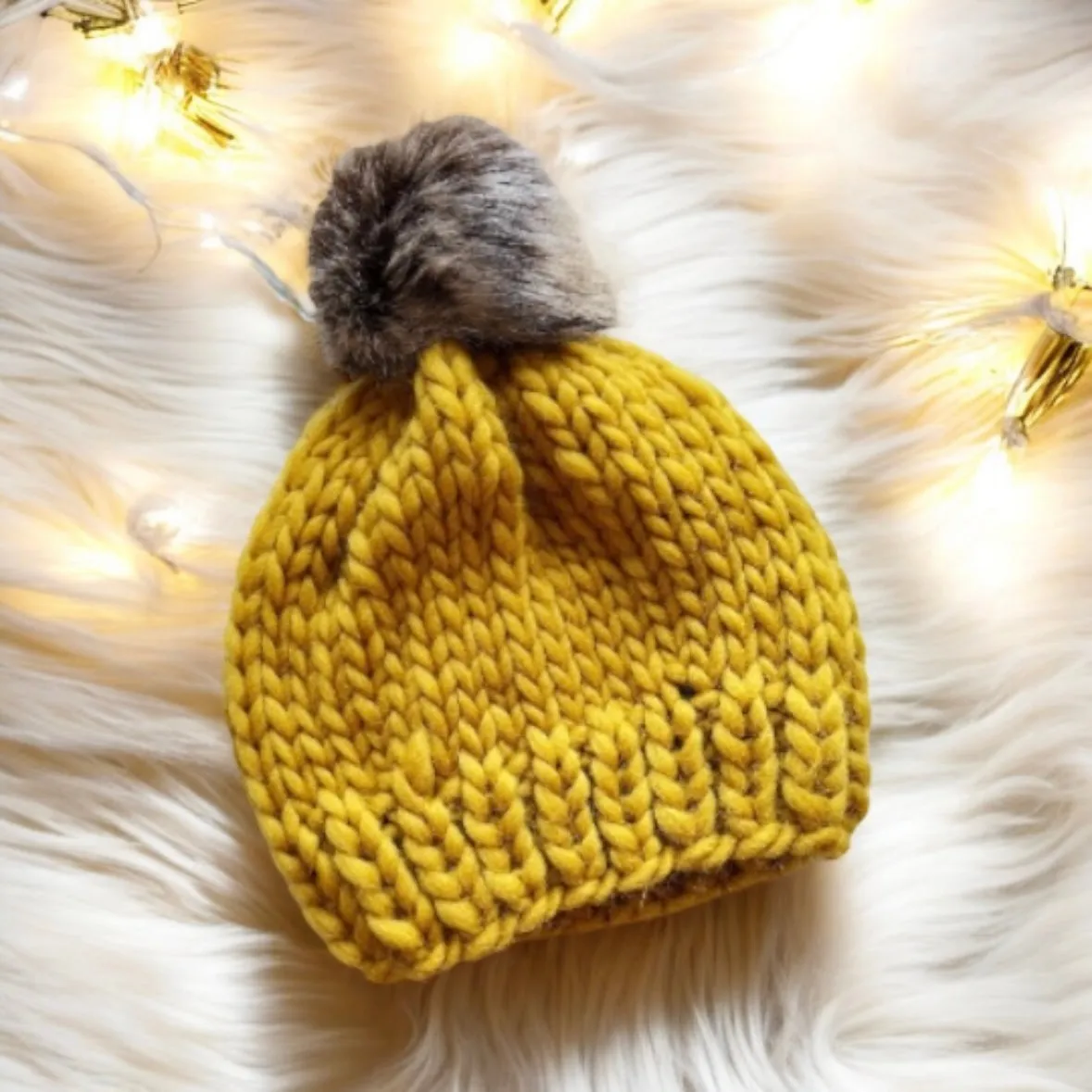 Super chunky faux fur pompom slouchy hat | knit winter beanie | cozy warm knit hat | super soft merino mustard yellow hat