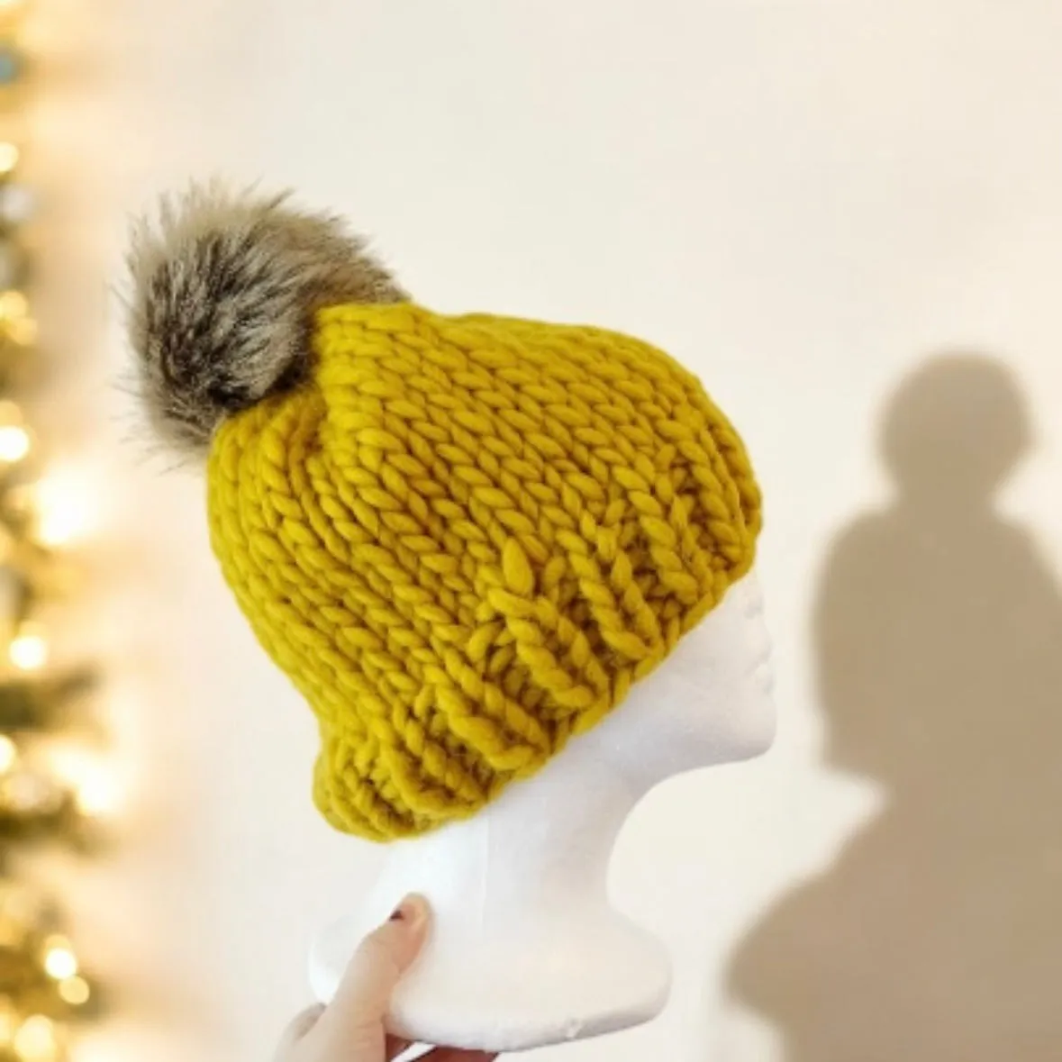 Super chunky faux fur pompom slouchy hat | knit winter beanie | cozy warm knit hat | super soft merino mustard yellow hat