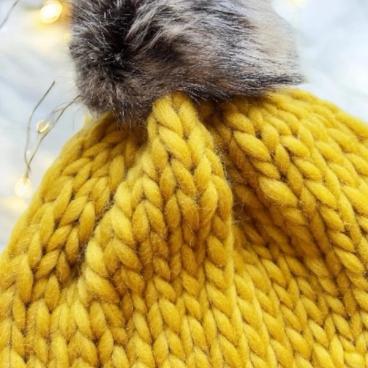 Super chunky faux fur pompom slouchy hat | knit winter beanie | cozy warm knit hat | super soft merino mustard yellow hat