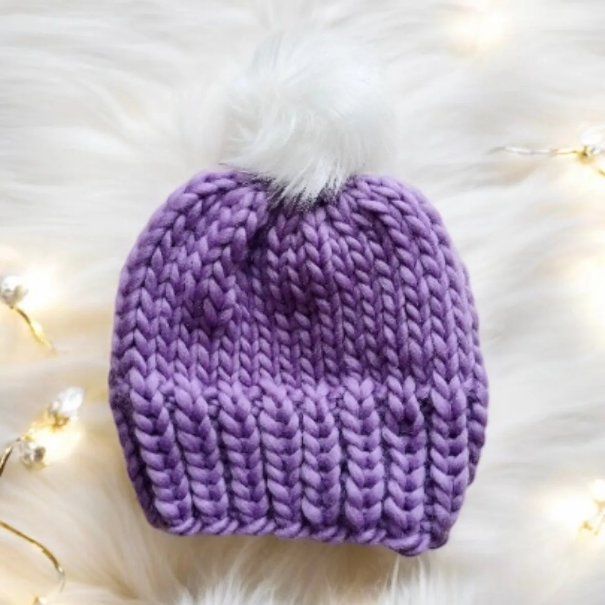 Super chunky faux fur pompom slouchy hat | knit winter beanie | cozy warm knit hat | super soft merino purple hat