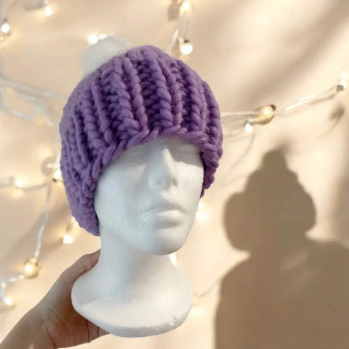 Super chunky faux fur pompom slouchy hat | knit winter beanie | cozy warm knit hat | super soft merino purple hat