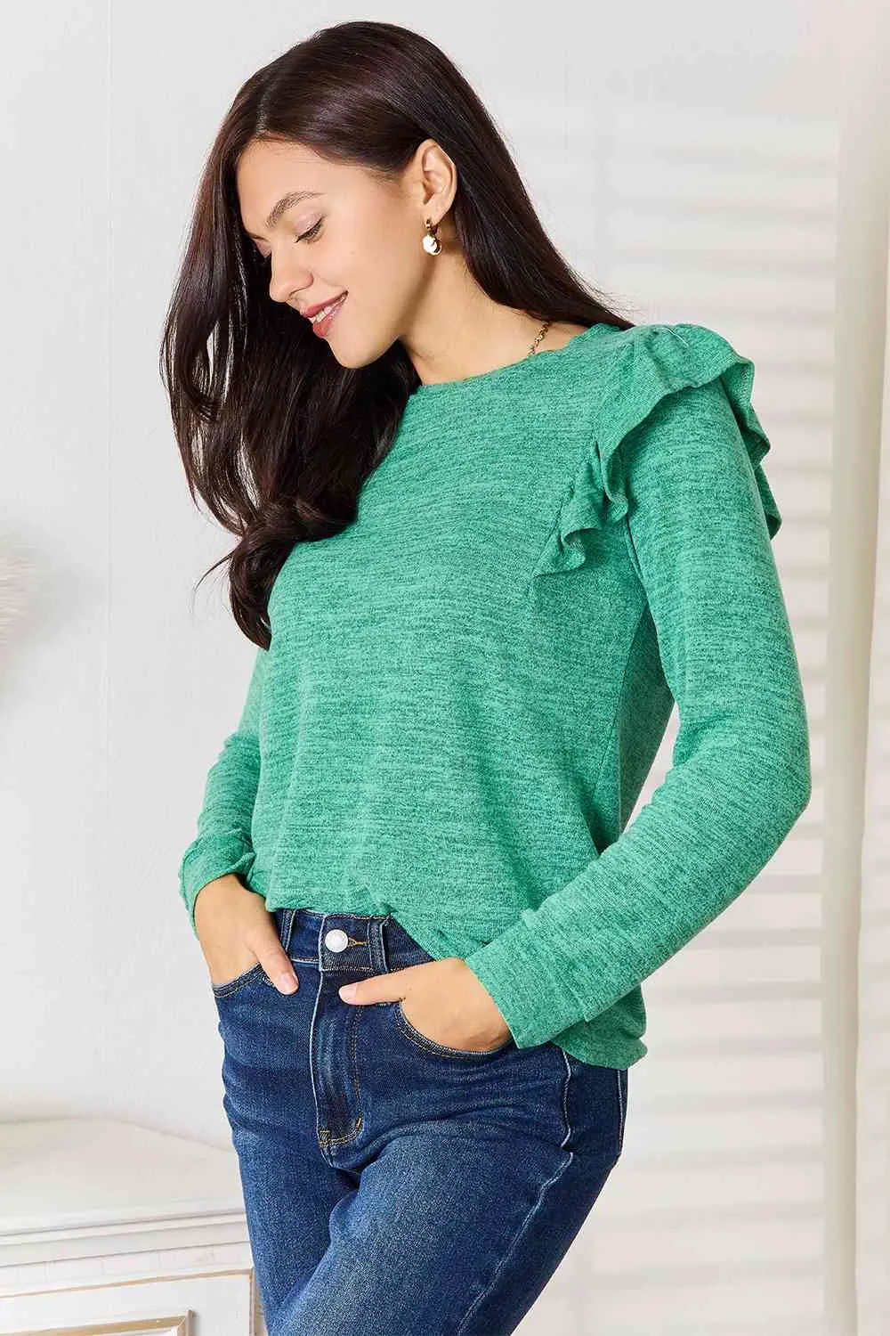 Surely Goodness Ruffle Shoulder Long Sleeve T-Shirt