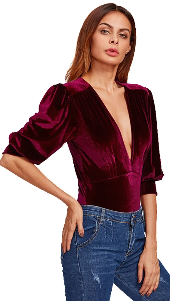 Talyah Plunge Bishop Sleeve Velvet Bodysuit Sangria