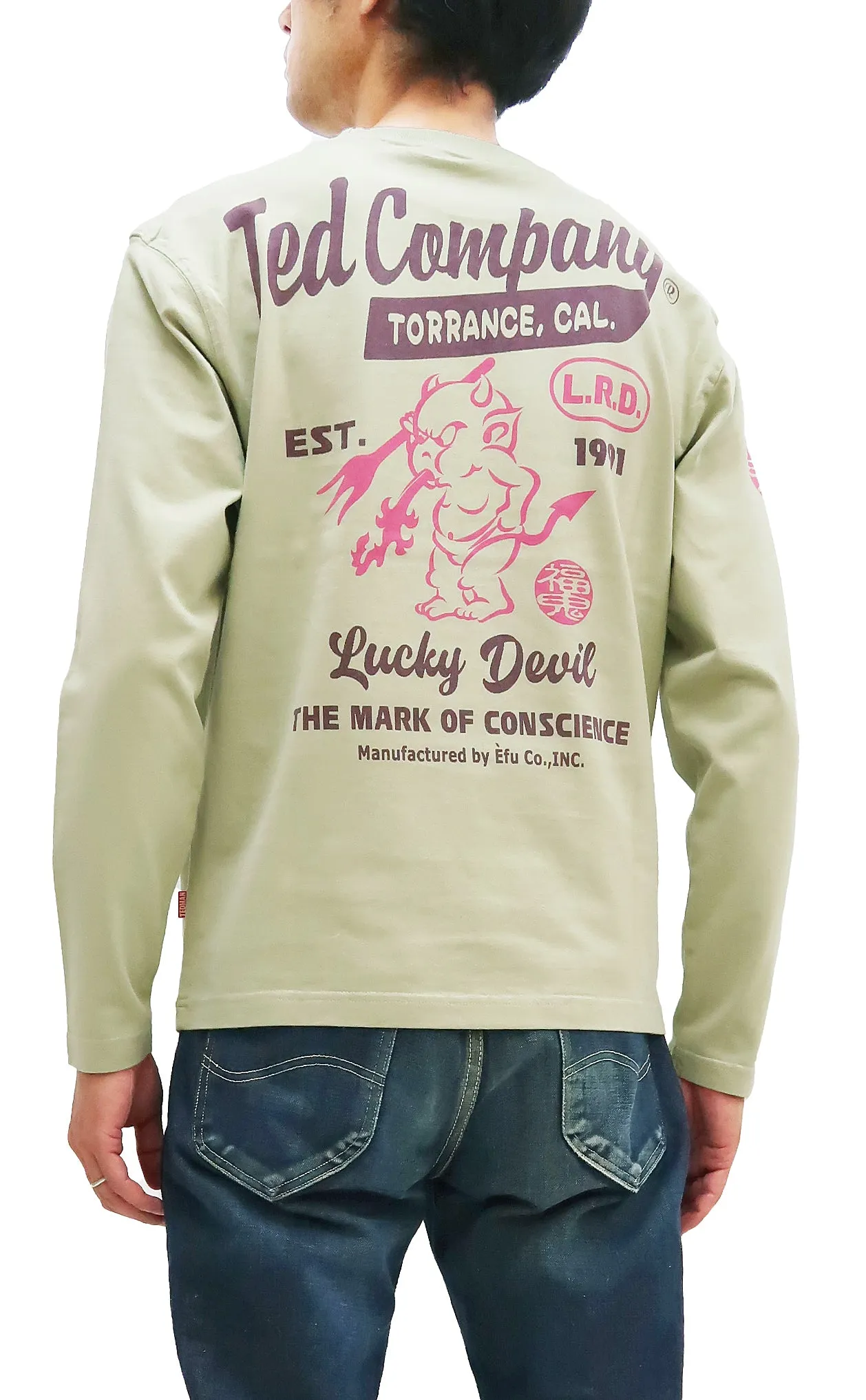 Tedman T-Shirt Men's Lucky Devil Logo Graphic Long Sleeve Tee Efu-Shokai TDLS-355 Beige