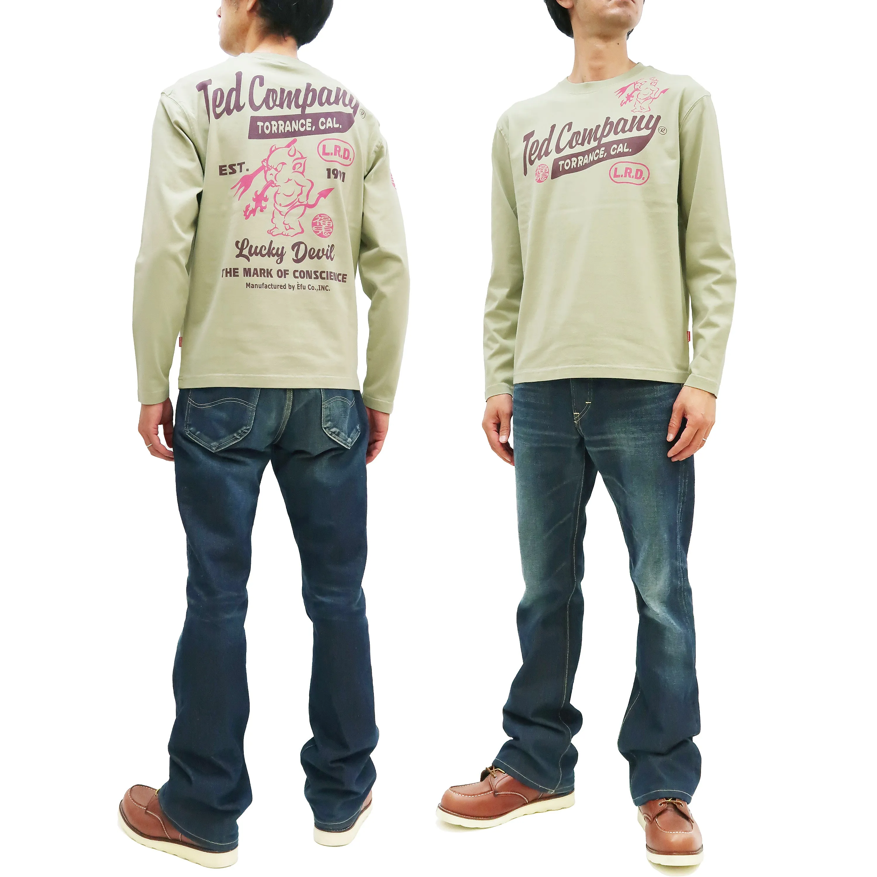 Tedman T-Shirt Men's Lucky Devil Logo Graphic Long Sleeve Tee Efu-Shokai TDLS-355 Beige