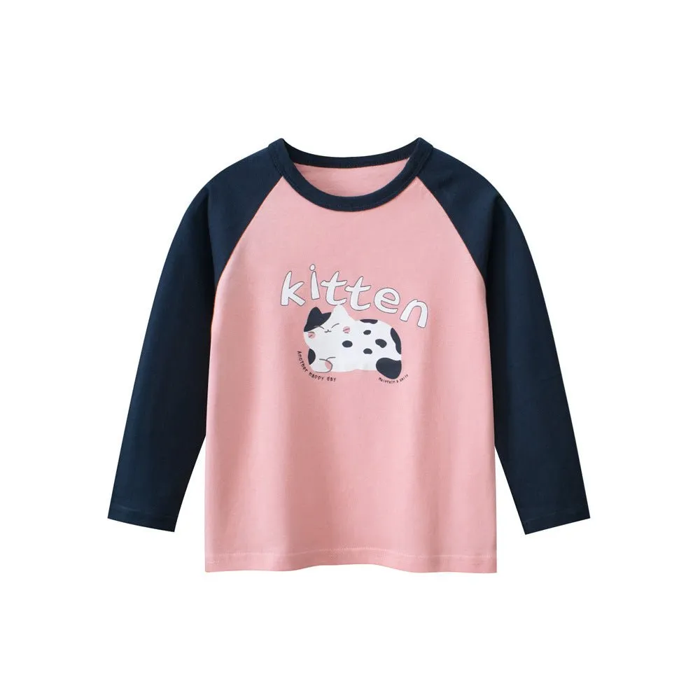 Toddler/Kid Girl's Long Sleeve Kitten Print Design Pink T-shirt