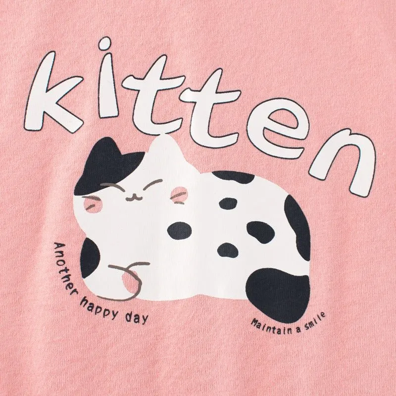 Toddler/Kid Girl's Long Sleeve Kitten Print Design Pink T-shirt