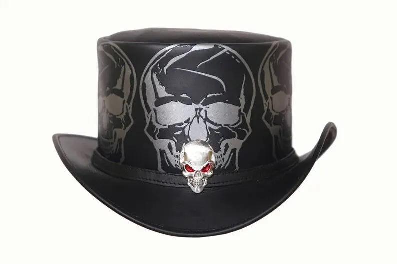 Top Hat Red Eye Skull Leather Top Hat ,Steampunk Top Hat,Gothic Top hat Biker MC,Custom Leather Hats