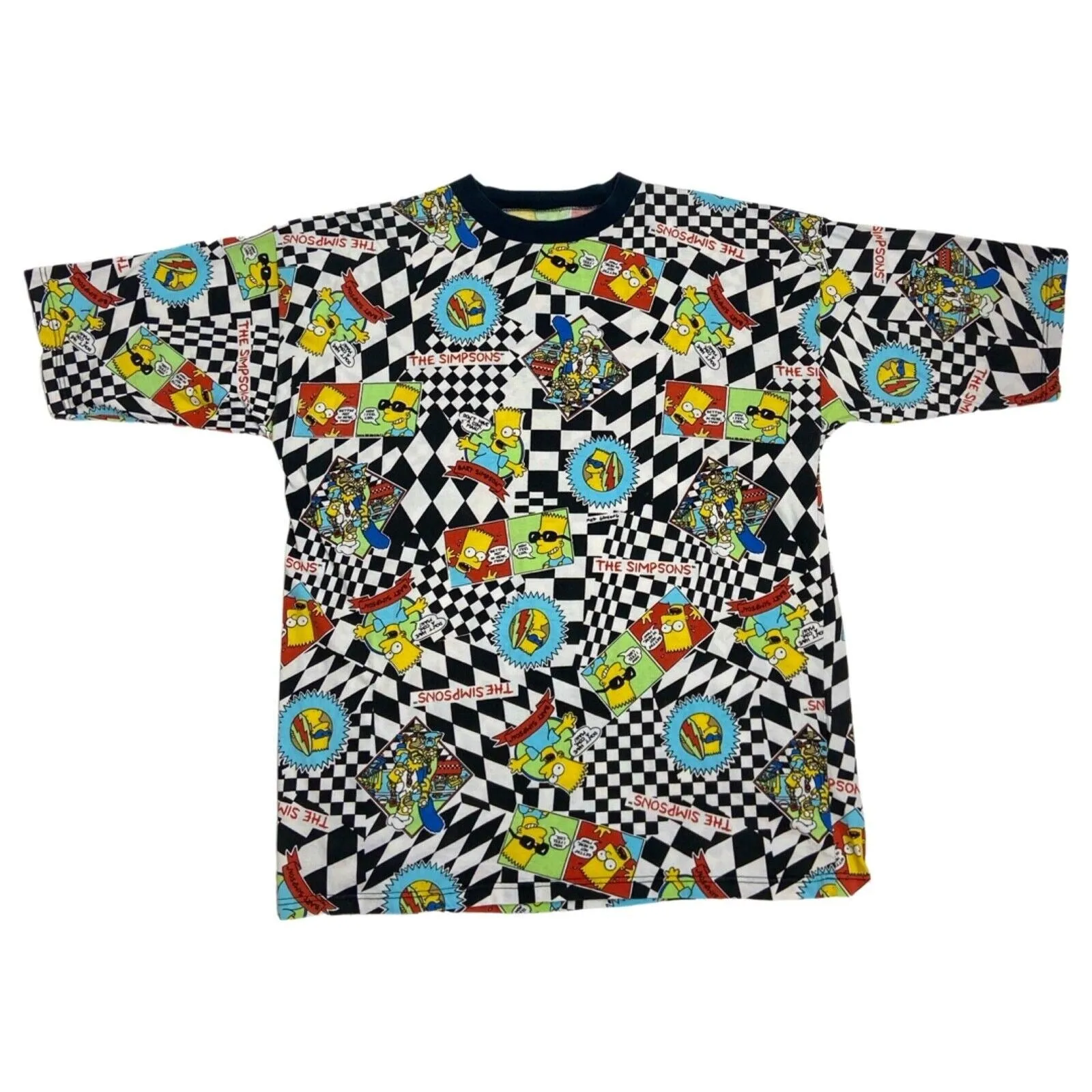 Vintage 90s 00s Black White Checked Simpsons Graphic T-shirt L