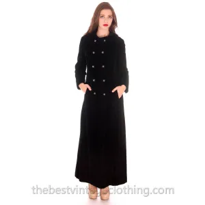 Vintage Long 1970s Coat Black Cotton Velvet Maxi Great Rhinestone Buttons M