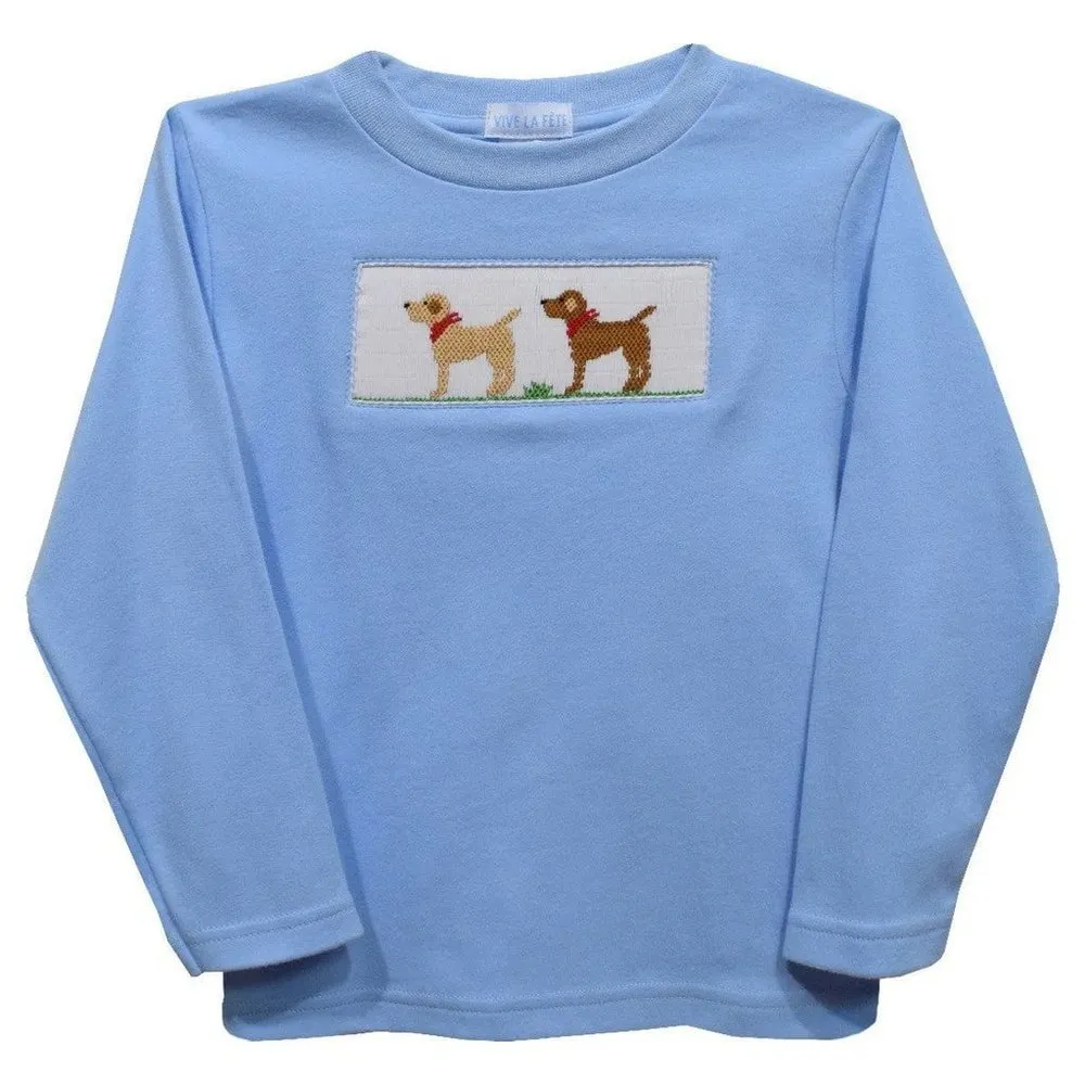 Vive La Fete Labrador Smocked Light Blue Knit Long Sleeve Boys Tee Shirt