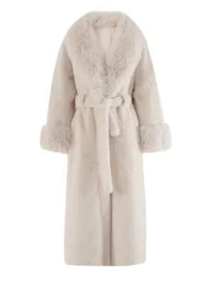 Wenkouban-Winter outfits Christmas Fluffy Lapel Warm Long Beige Faux Fur Coat with Belt