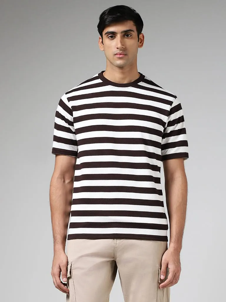 WES Lounge Brown & White Striped Cotton Blend Relaxed-Fit T-Shirt