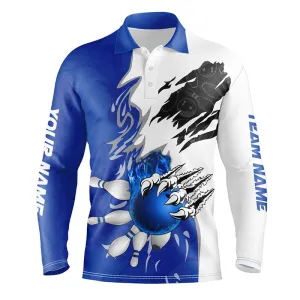 White Bowling Long Sleeve Polo Shirt For Men Custom Bowling Ball Pins Jerseys Flame Bowling Shirt Blue