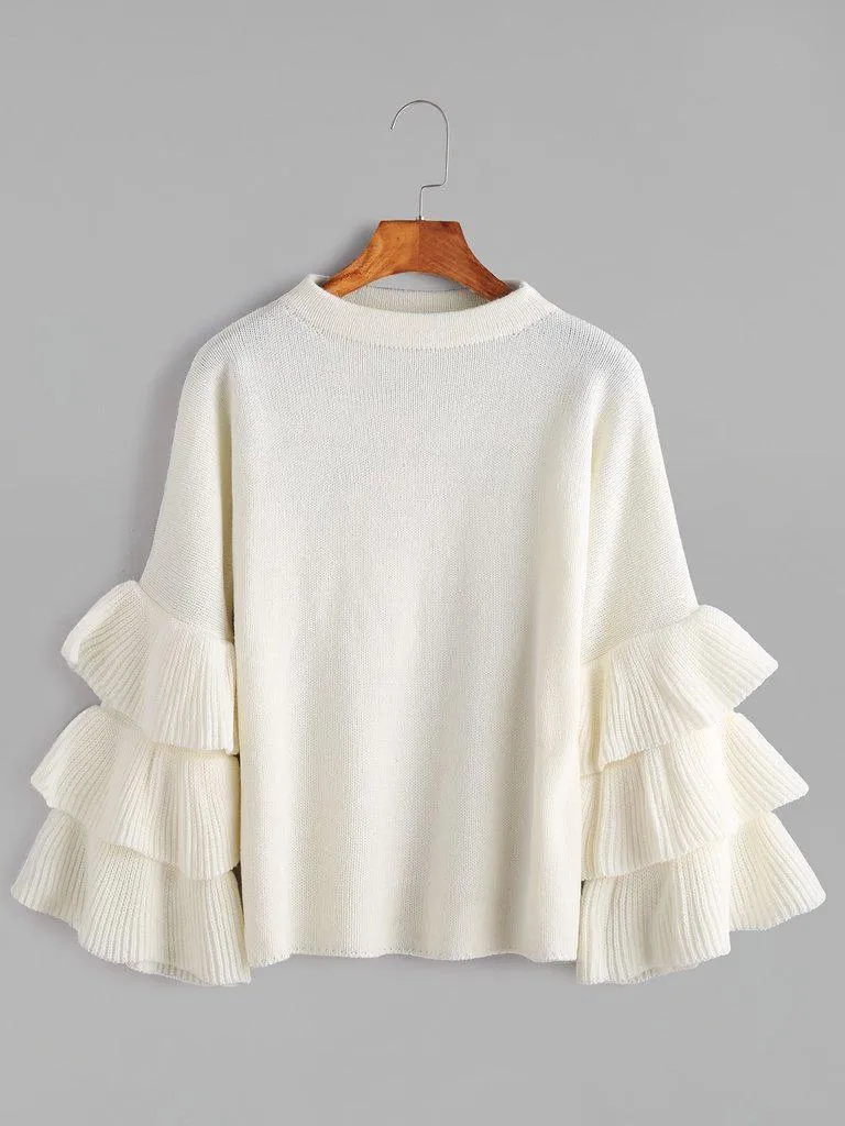 White Layered Ruffle Sleeve Pullover Sweater