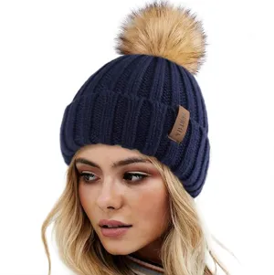 Winter Black Knit Pom Pom Faux Fur Beanie Hat