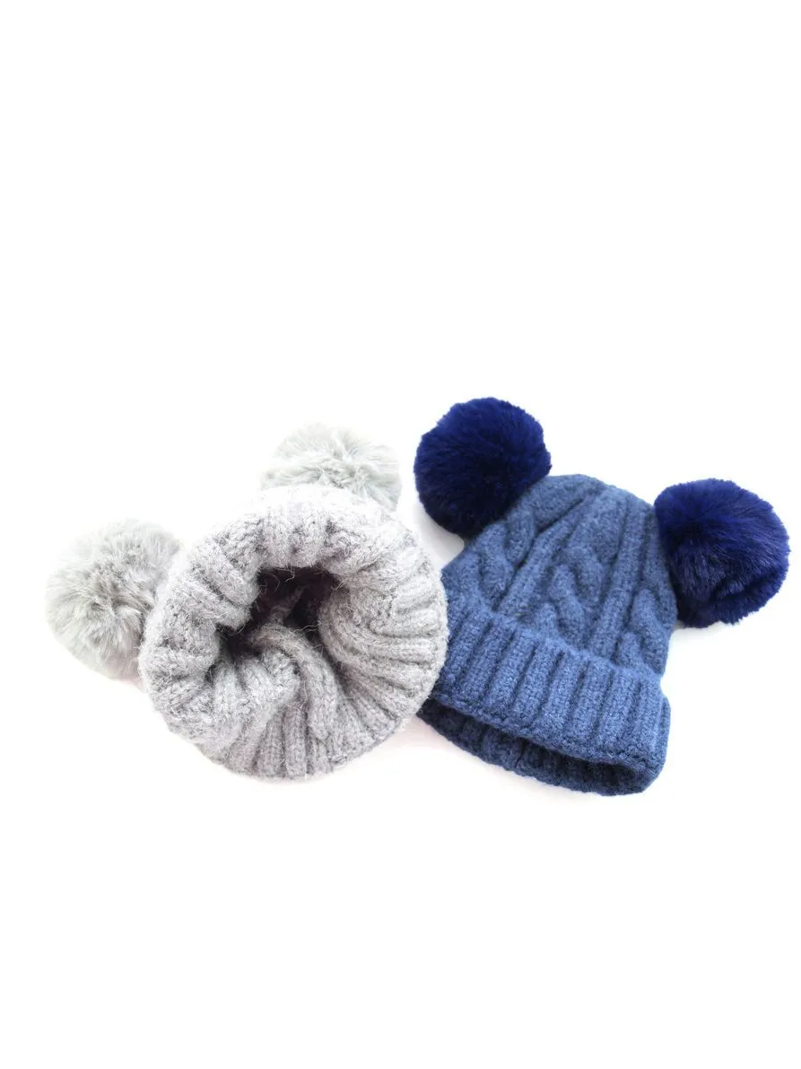 Winter Cable Knit Beanie with Double Pom