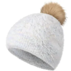 Winter Natural-White Women Pom Pom Beanie Hat, Girls Warm Faux Fur Pompom Knit Ski Hat