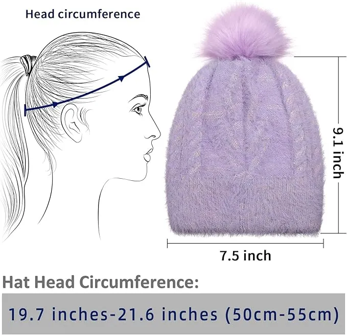 Winter Natural-White Women Pom Pom Beanie Hat, Girls Warm Faux Fur Pompom Knit Ski Hat