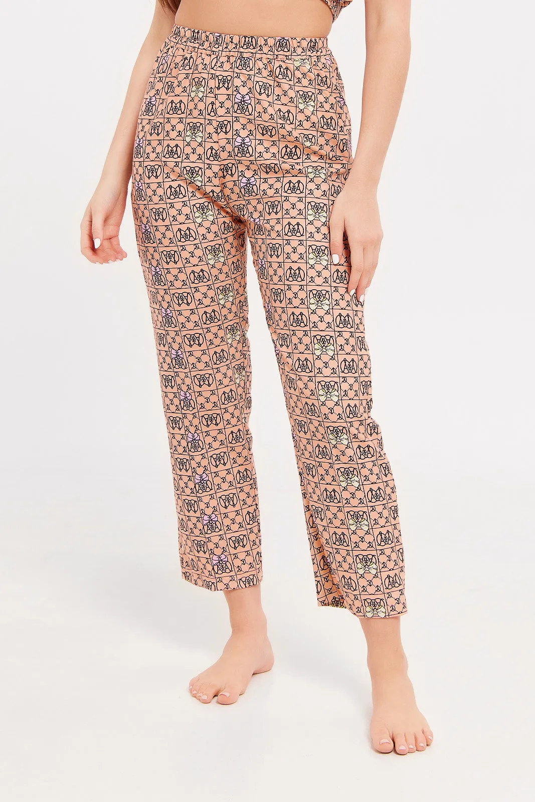 Women Apricot Printed Pyjama Set (2 Piece)