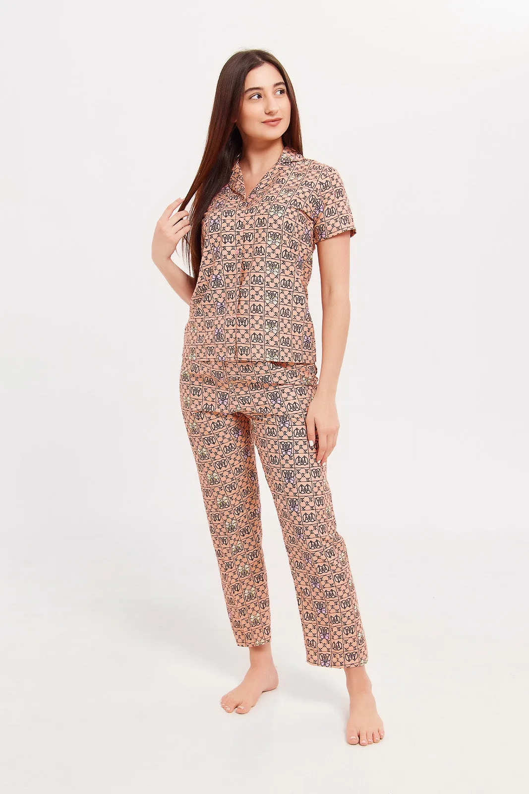 Women Apricot Printed Pyjama Set (2 Piece)