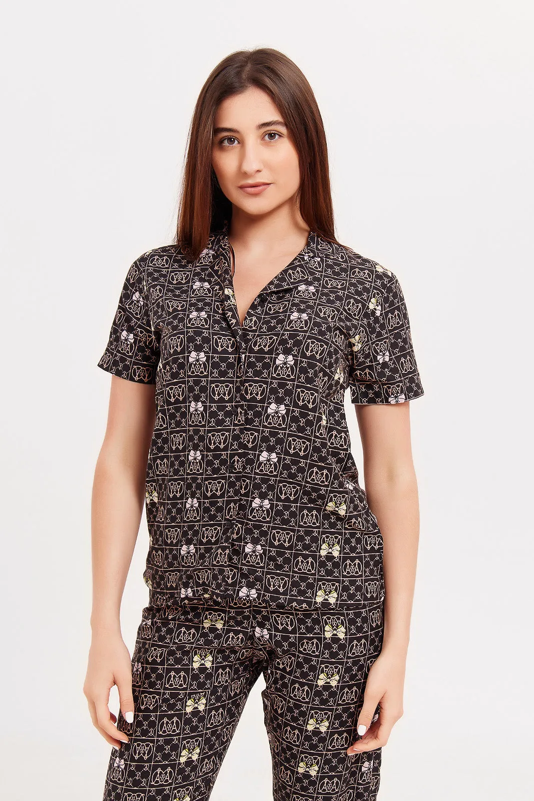 Women Black Printed Pyjama Set (2 Piece)