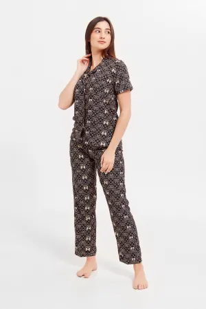 Women Black Printed Pyjama Set (2 Piece)