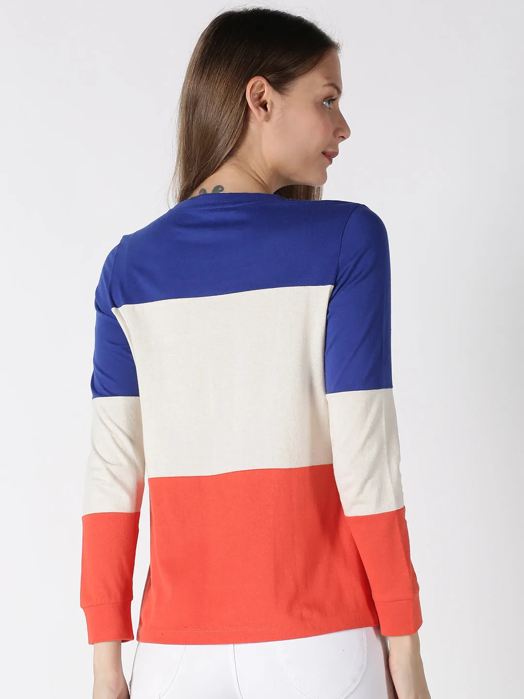 Women Blue Off White Orange Color Blocked Round Neck Recycled Cotton Full Sleeve Regular Fit Casual T-Shirts