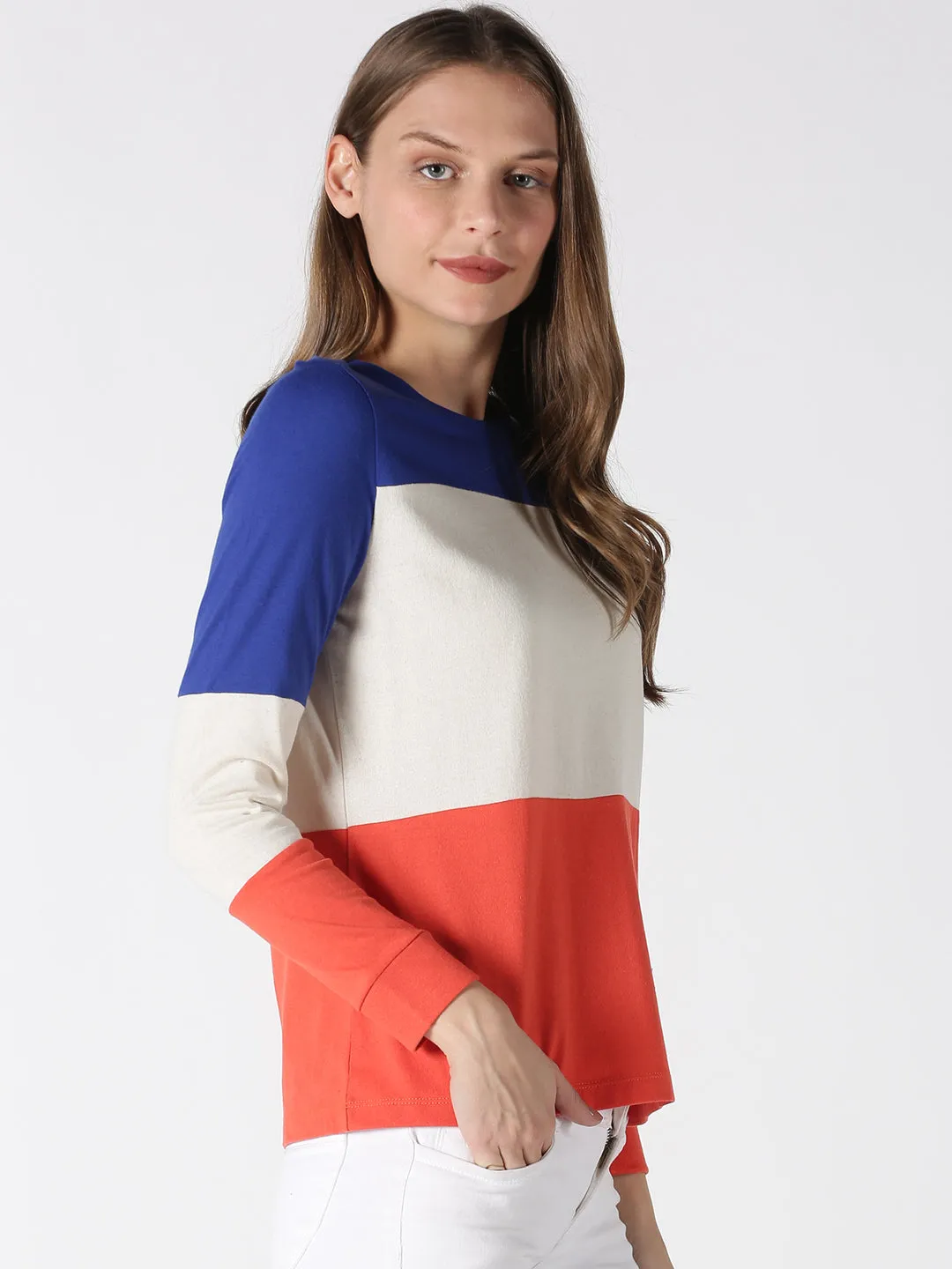 Women Blue Off White Orange Color Blocked Round Neck Recycled Cotton Full Sleeve Regular Fit Casual T-Shirts