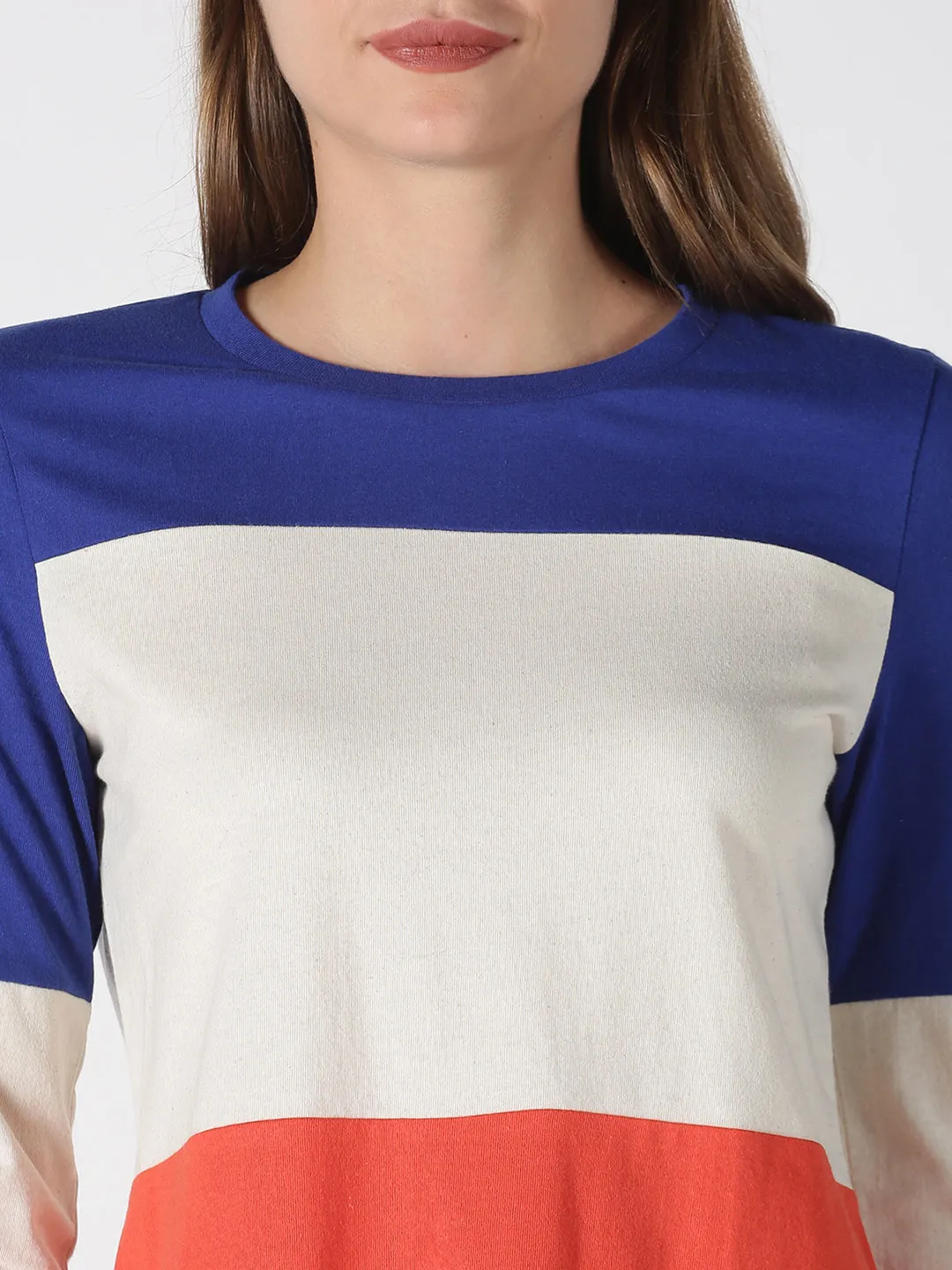 Women Blue Off White Orange Color Blocked Round Neck Recycled Cotton Full Sleeve Regular Fit Casual T-Shirts