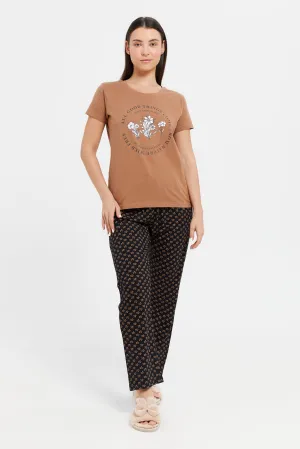 Women Brown And Black Printed Pyjama Set (2 Piece)