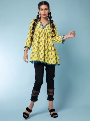 Women Mustard V-Neck Floral Printed Cotton Tunic