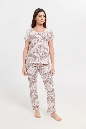 Women Pink Printed Pyjama Set (2 Piece)