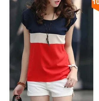 Womens Summer Red White and Blue Chiffon Short-Sleeve T-Shirt