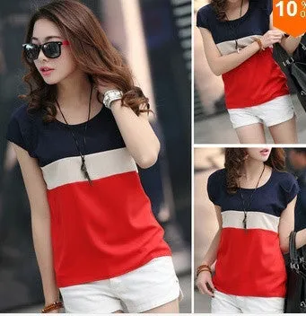 Womens Summer Red White and Blue Chiffon Short-Sleeve T-Shirt