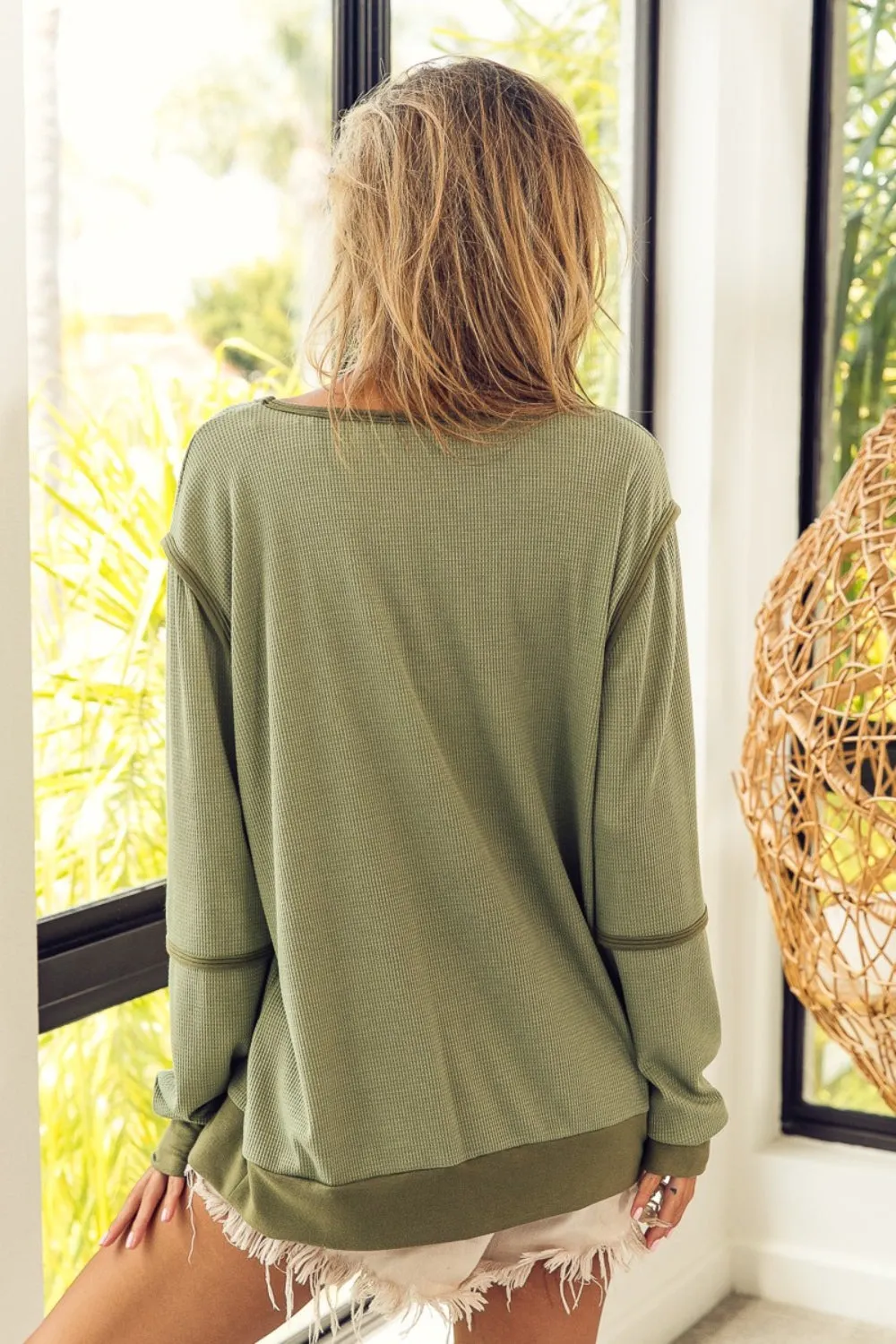 Women's Waffle Knit Long Sleeve T-Shirt with Contrast Trim