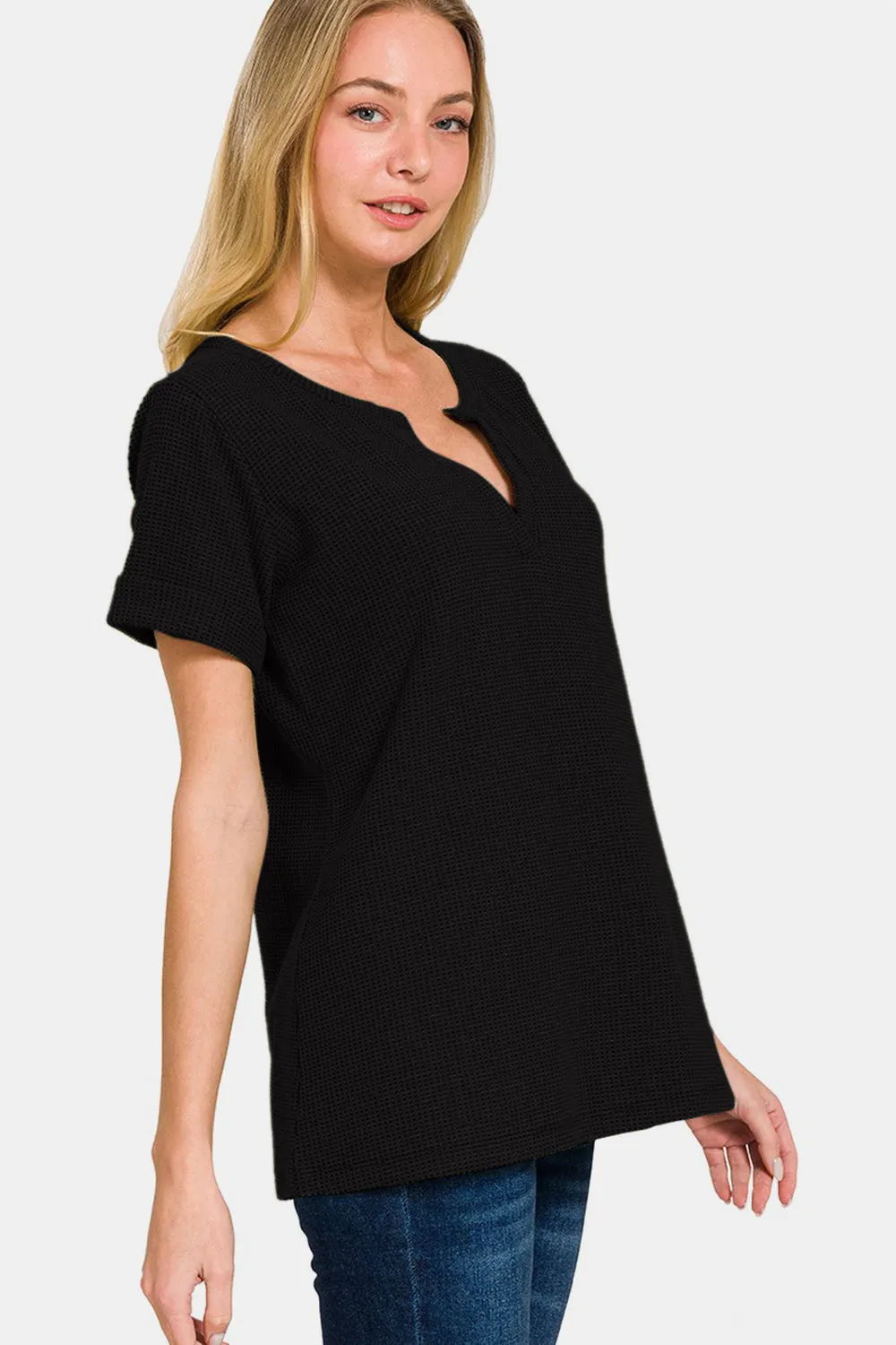 Women's Zenana Notched Short Sleeve Waffle T-Shirt