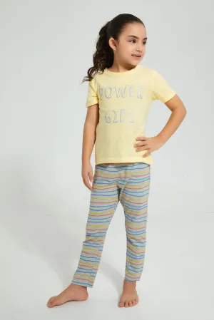 Yellow And Grey Stripe Pyjama Set (2 Piece)