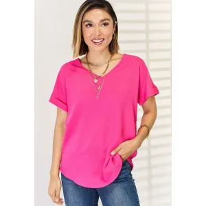 Zenana V-Neck Rolled Short Sleeve T-Shirt