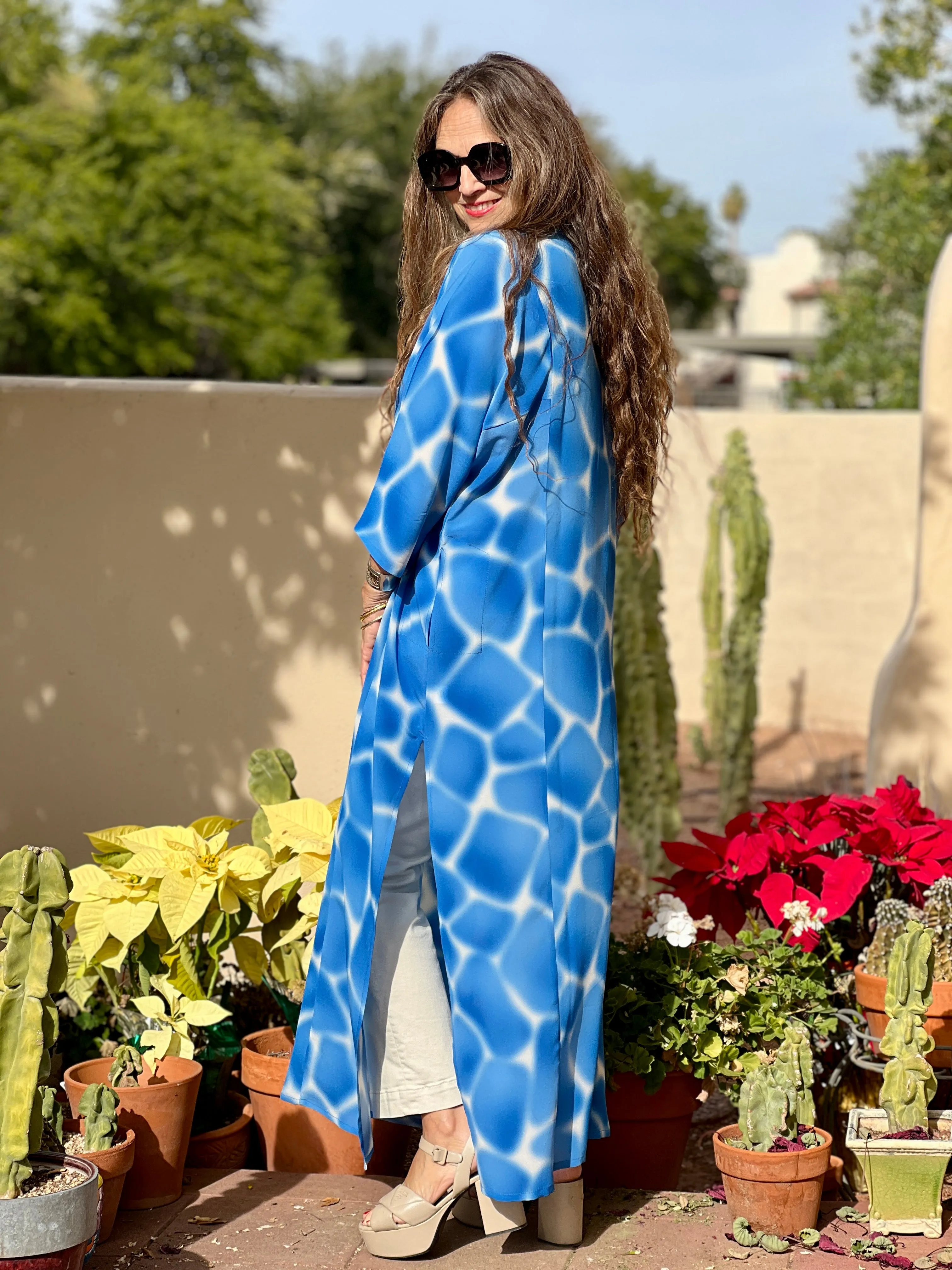 Zirafa Giraffa Pool Blue Italian Silk Long Tunic