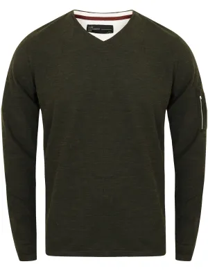 Zuma V Neck Long Sleeve Top In Khaki / Black Slub - Dissident